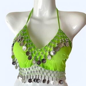 Green Halter Top with Silver Coin Accents